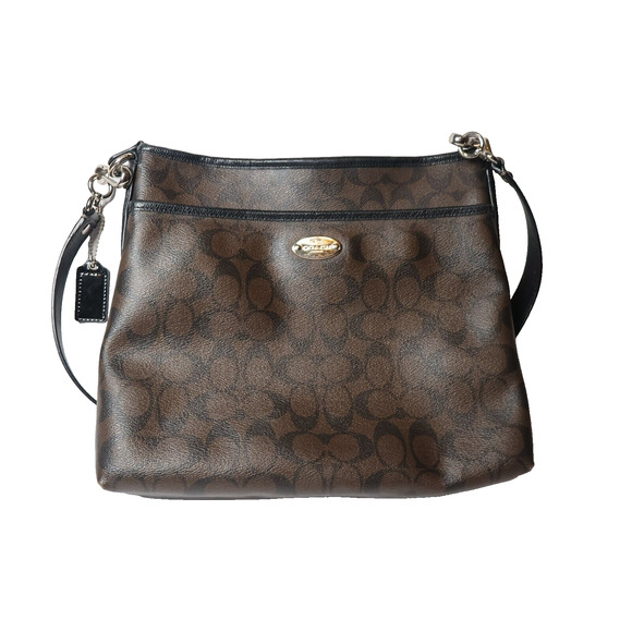 Coach Leather Crossbody Messenger Shoulder Bag Brown & Black Signature C Pattern - Picture 3 of 13